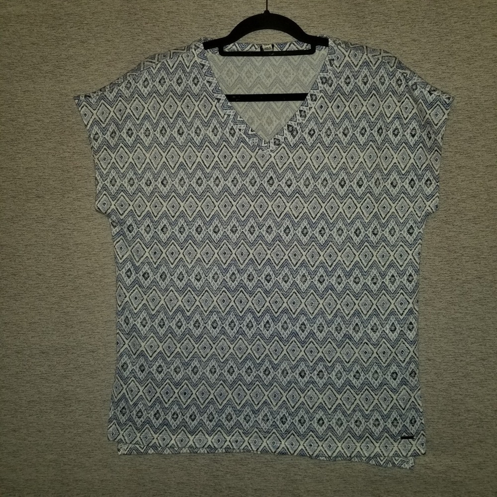 Orvis V-Neck Tunic Knit Shirt Blue Ikat Top Women's Small Blouse Short Sleeve